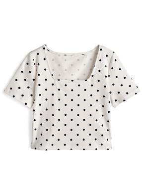 ドット柄スクエアネックショート丈Tシャツ