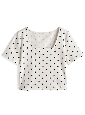 ドット柄スクエアネックショート丈Tシャツ