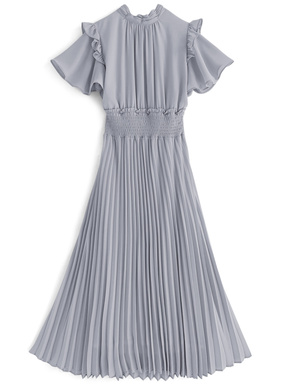 バックリボンフリルスリーブプリーツワンピース