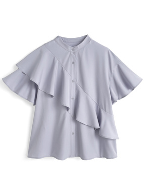 アシンメトリーフリルスタンドカラーブラウス