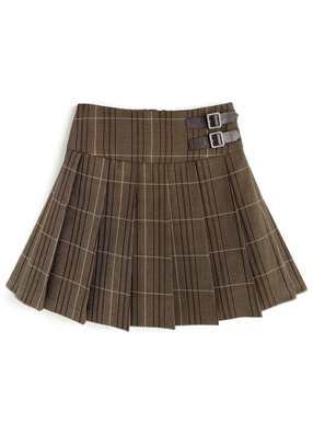 インパン裏地付きチェック柄ベルトプリーツミニスカート