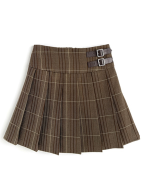 インパン裏地付きチェック柄ベルトプリーツミニスカート