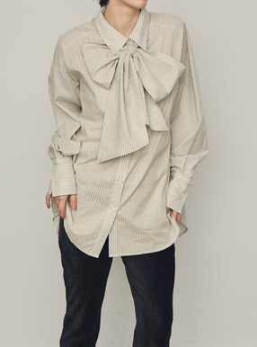 リボン付き2Wayストライプ柄ロングシャツ