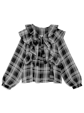 チェック柄リボンフリルシアーブラウス