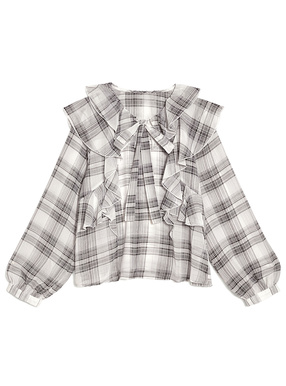 チェック柄リボンフリルシアーブラウス
