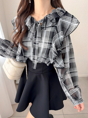 チェック柄リボンフリルシアーブラウス
