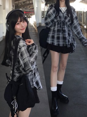 フード付きチェック柄シアーチュニック