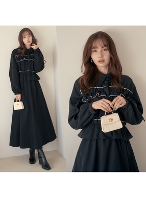 フリルリボン配色ワンピース