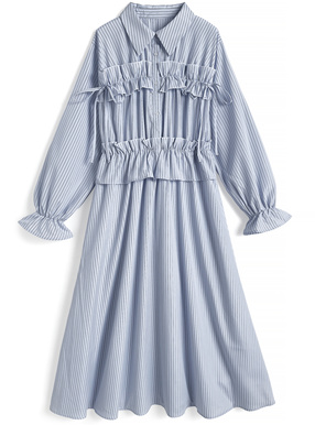 ストライプ柄フリルリボン配色ワンピース