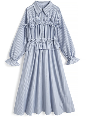 ストライプ柄フリルリボン配色ワンピース