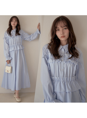 ストライプ柄フリルリボン配色ワンピース