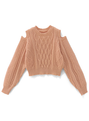 ケーブル編みオープンショルダーニットトップス