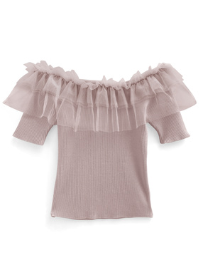 オフショルダーチュールフリルニットトップス