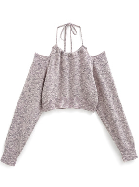 オープンショルダーホルターネックニットトップス