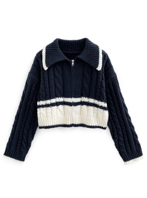 配色ケーブル編みジップニットトップス