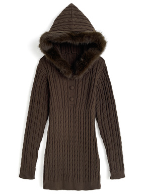 ファー付きフードケーブル編みニットワンピース