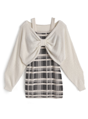 リボンシャギートップス×チェック柄キャミソールミニワンピースニットセットアップ