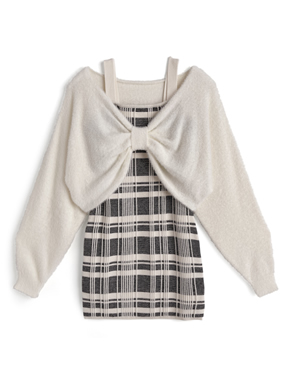 リボンシャギートップス×チェック柄キャミソールミニワンピースニットセットアップ