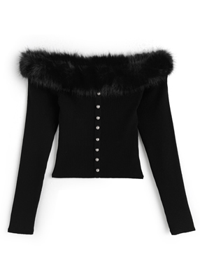 ファーオフショルダーパールリブニットトップス