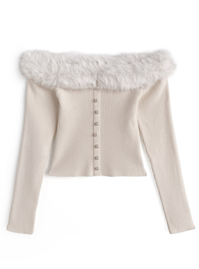 ファーオフショルダーパールリブニットトップス