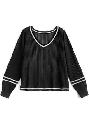 配色ラインVネックメッシュニットトップス