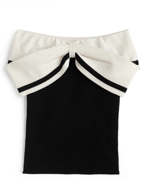 配色リボンオフショルダーニットトップス