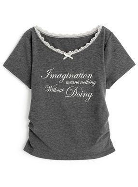 レースリボンロゴプリント半袖トップス