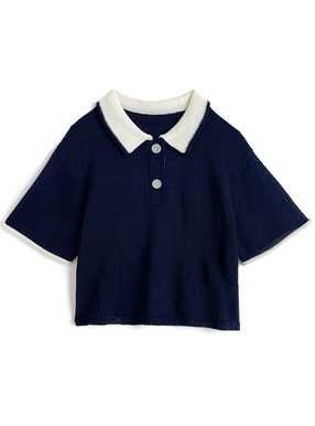 配色ポロニットトップス