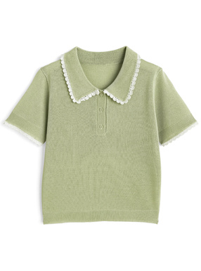 レース襟ポロニットトップス