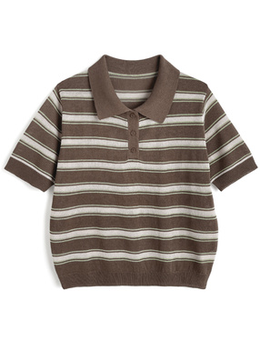 マルチボーダー柄ポロニットトップス