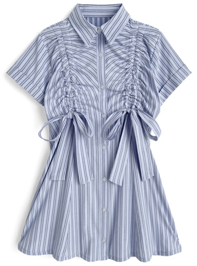 ストライプ柄ドロストリボンシャツワンピース