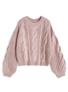 ケーブル編みワイドネックニットトップス