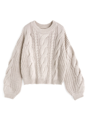ケーブル編みワイドネックニットトップス