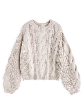 ケーブル編みワイドネックニットトップス