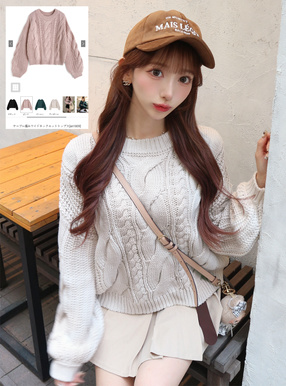 ケーブル編みワイドネックニットトップス