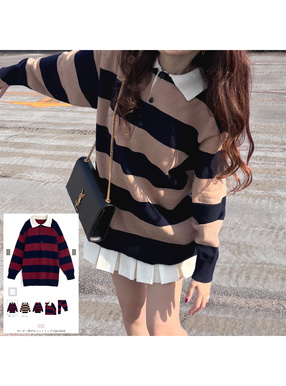 ボーダー柄ポロニットトップス