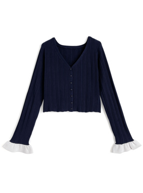 袖配色フリルリブニットカーディガン