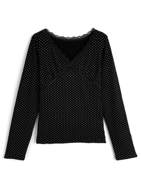 ドット柄Vネックレーストップス