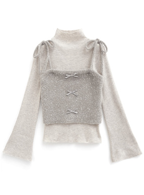 ハイネックトップス×リボンラメキャミソールニットアンサンブル