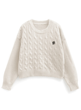 ロゴ刺繍ケーブル編みニットトップス