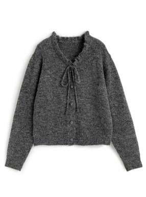 フリルネックリボンニットカーディガン