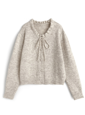 フリルネックリボンニットカーディガン