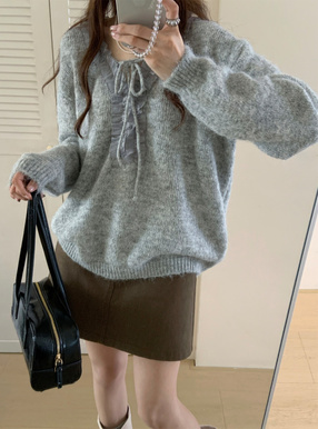 シアーフリルリボンニットトップス