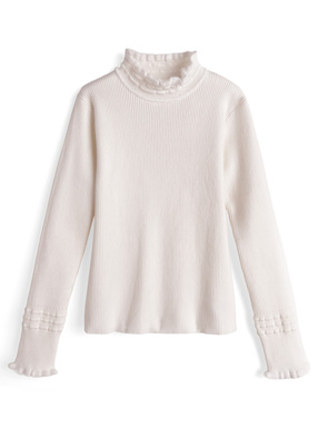 ハイネックシャギーフリルリブニットトップス