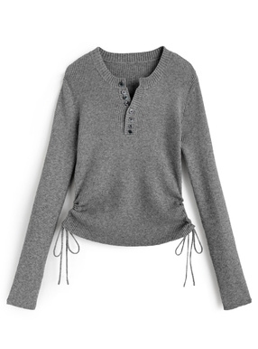 ヘンリーネックドロストリブニットトップス