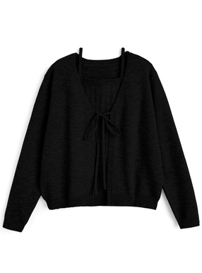 透かし編みキャミソール×リボンカーディガンニットアンサンブル