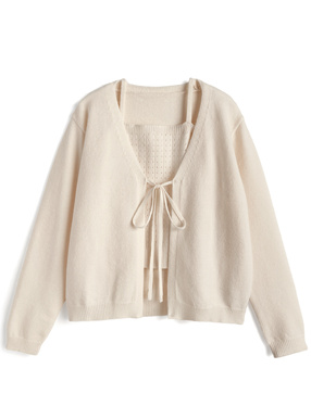 透かし編みキャミソール×リボンカーディガンニットアンサンブル