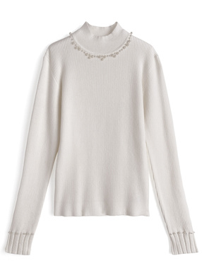 パールハイネックリブニットトップス