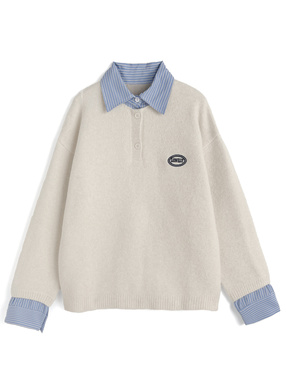 ストライプ柄シャツレイヤード風ニットトップス