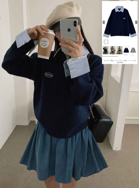 ストライプ柄シャツレイヤード風ニットトップス